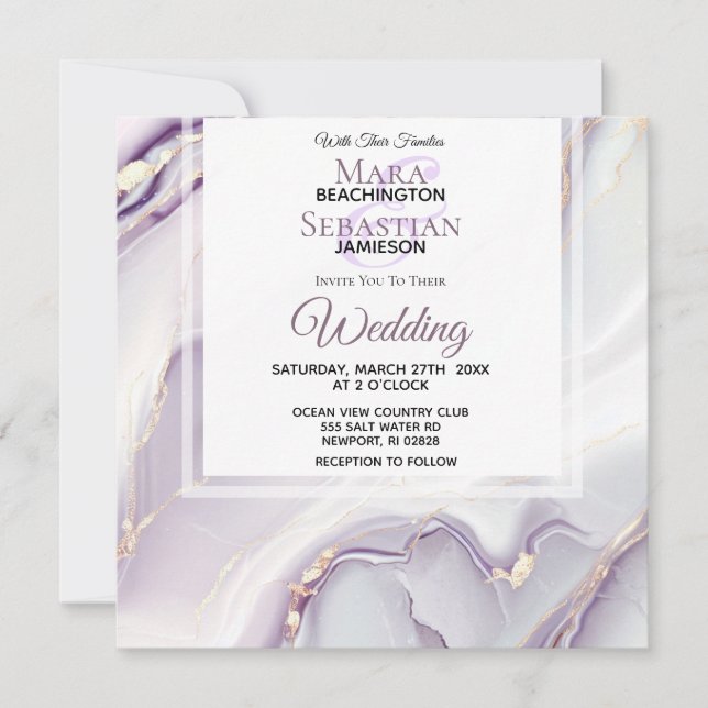 Invitation *~* RSVP QR GOLD LAVENDER MARBLe AR66 Mariage (Devant)