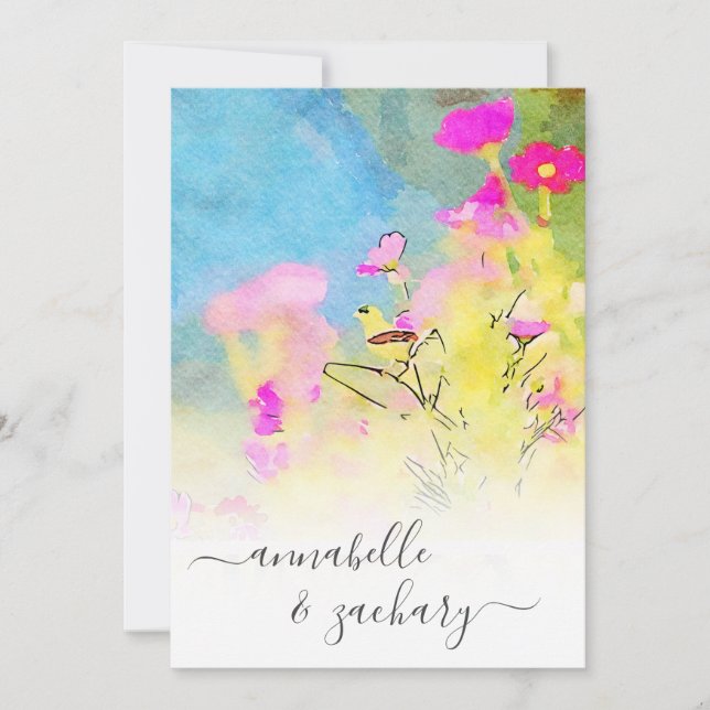 Invitation *~* RSVP - QR Watercolor Bird FLORAL AR15 Mariage (Devant)