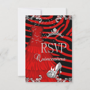 Invitation RSVP Quinceanera 15e Robe Rouge Zèbre Chaussure
