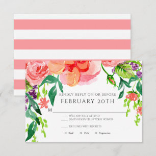 Invitation RSVP Rose d'aquarelle moderne Mariage à rayures fl