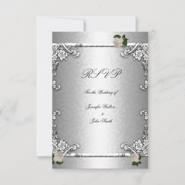 Invitation RSVP Rose de mariage élégant Argent blanc (Devant)
