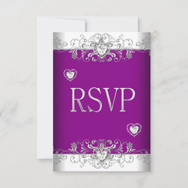 Invitation RSVP Rose Foncé Mariage Blanc Diamant Cœurs (Devant)