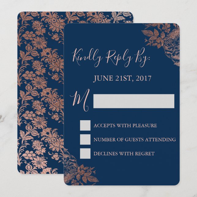 Invitation RSVP - Rose or rose et bleu marine floral (Devant / Derrière)