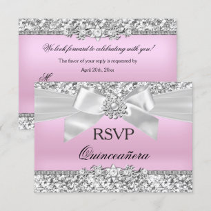 Invitation RSVP Rose Pailleté Argent Bijou Nœud Quinceanera