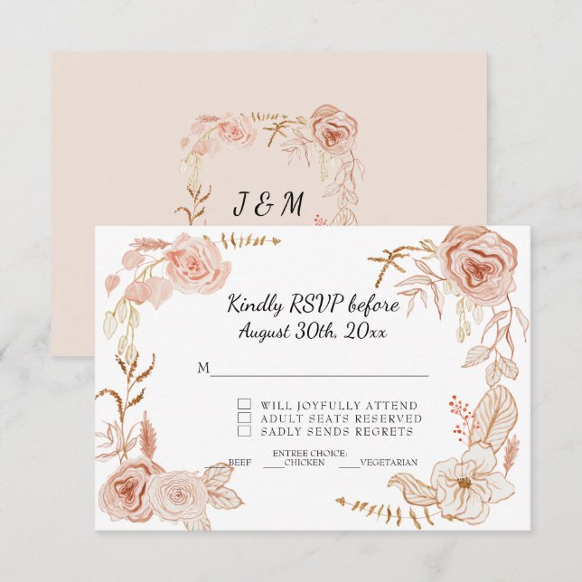 Invitation RSVP Rose Terracite Aquarelle Fleurs Mariage (Devant / Derrière)