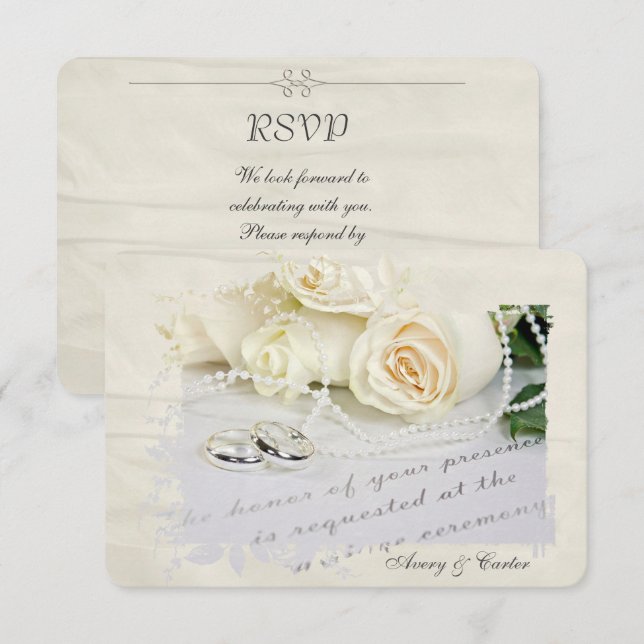 Invitation RSVP roses blanches et anneaux (Devant / Derrière)