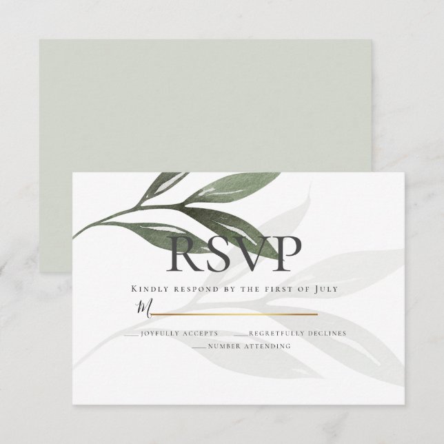 Invitation RSVP | Sage Green Olive Branch Feuilles d'aquarell (Devant / Derrière)