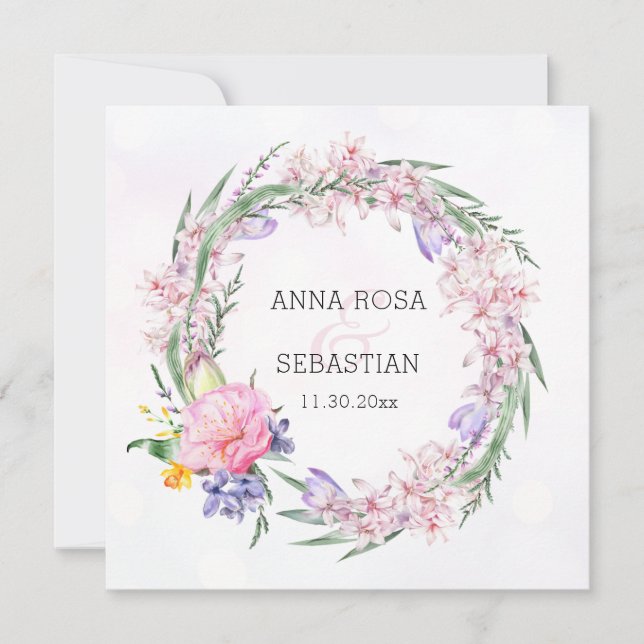 Invitation *~* RSVP Sweet Boho Floral Wreath QR AR12 Mariage (Devant)