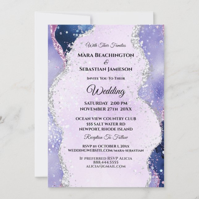 Invitation *~* RSVP Website Lavender AGATE Waves AR13 Mariage (Devant)