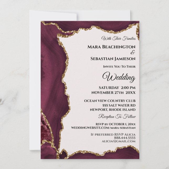 Invitation *~* RSVP Website Maroon AGATE Gold AR13 Mariage (Devant)