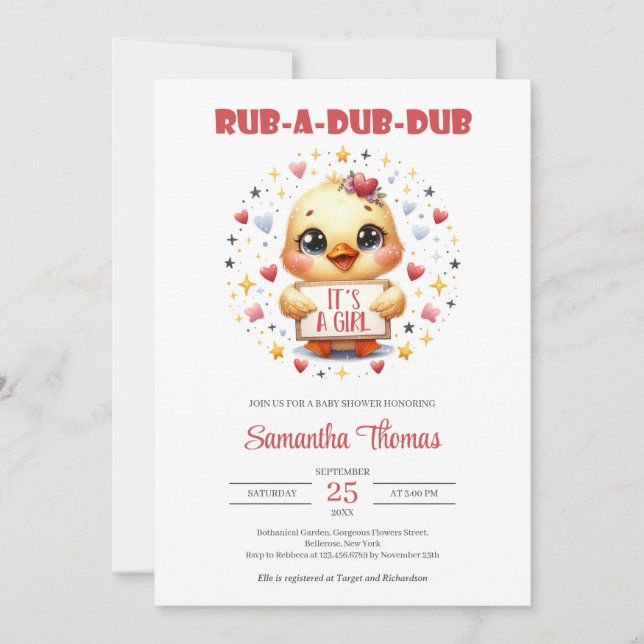 Invitation Rub a dub dub mignon bébé canard fille (Devant)