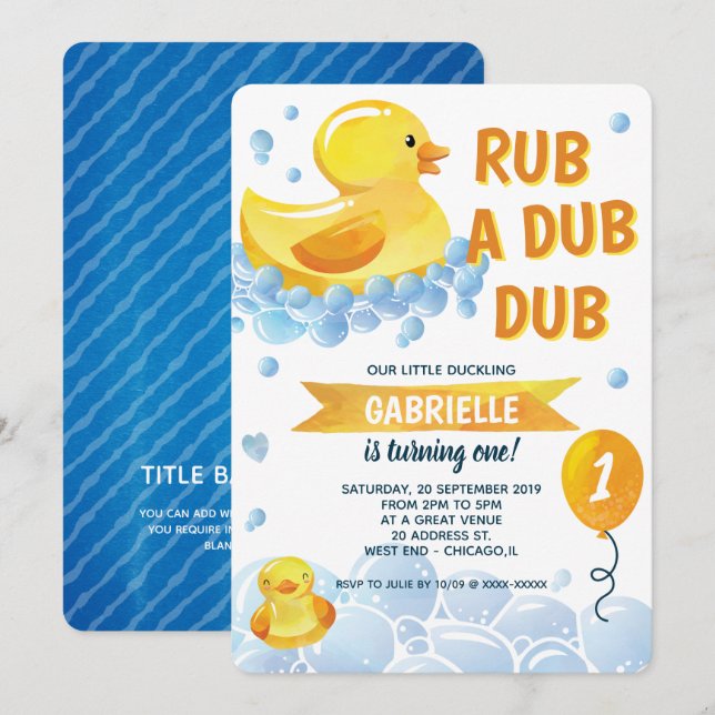 Invitation Rub a Dub Rubber Duck Anniversaire fête (Devant / Derrière)