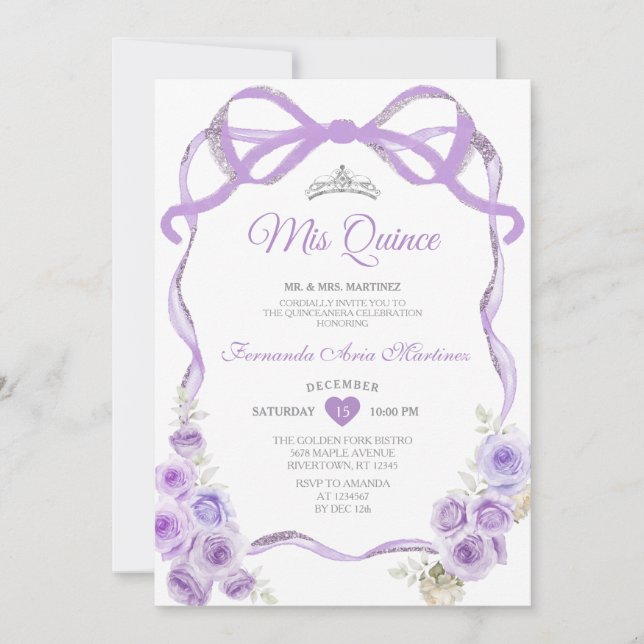 Invitation Ruban à bow fleuri pourpre Dusty Silver Mis Quince (Devant)