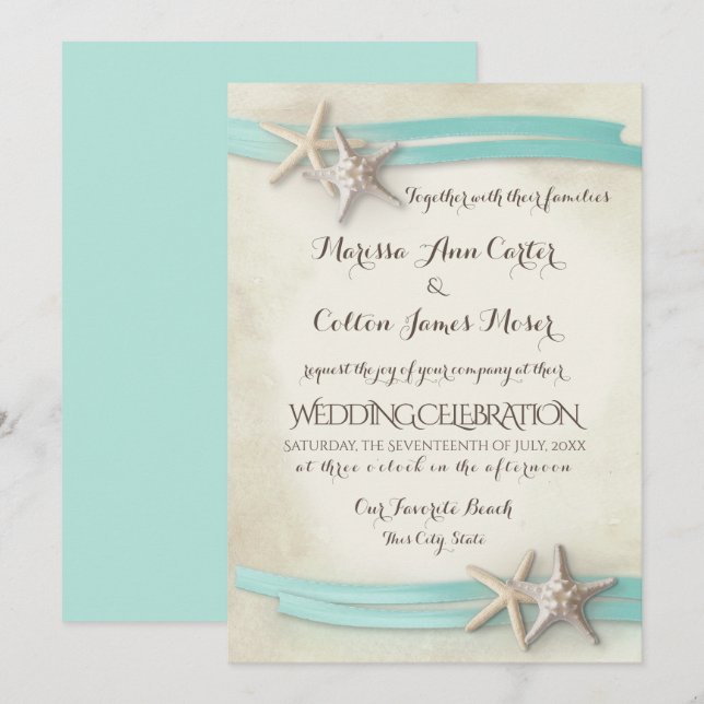 Invitation Ruban Aqua Sable et Starfish (Devant / Derrière)