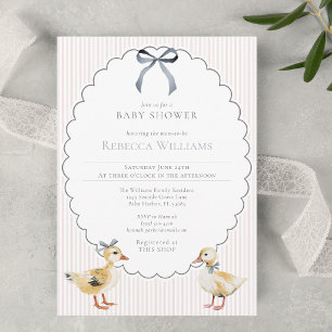 Invitation Ruban Bébé Canard de la Forêt aux Rayures Roses Cé