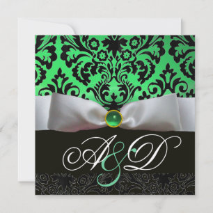 INVITATION RUBAN BLANC ÉMERAUDE VERT NOIR DAMAS MONOGRAMME