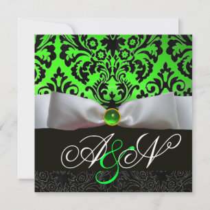 INVITATION RUBAN BLANC ÉMERAUDE VERT NOIR  DAMAS MONOGRAMME