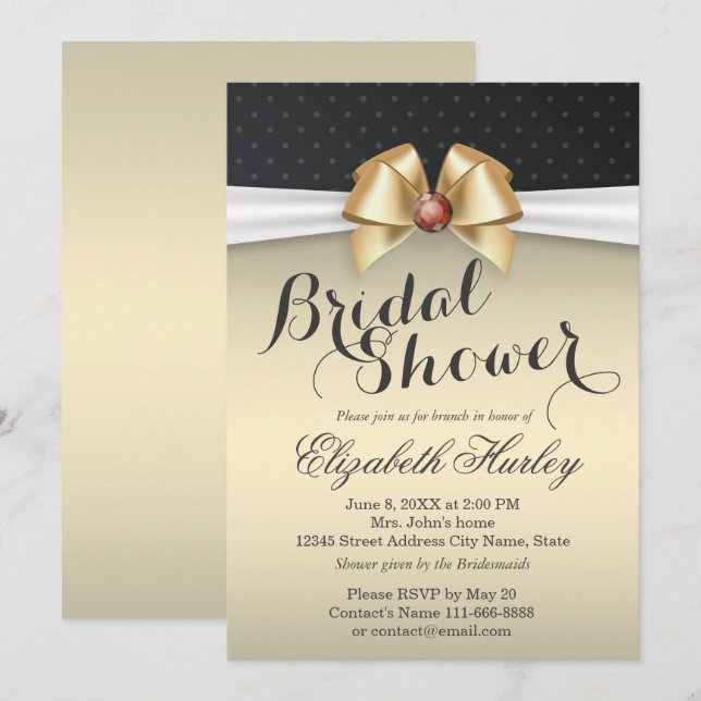 Invitation Ruban blanc et or avec Fête des mariées diamant ro (Devant / Derrière)