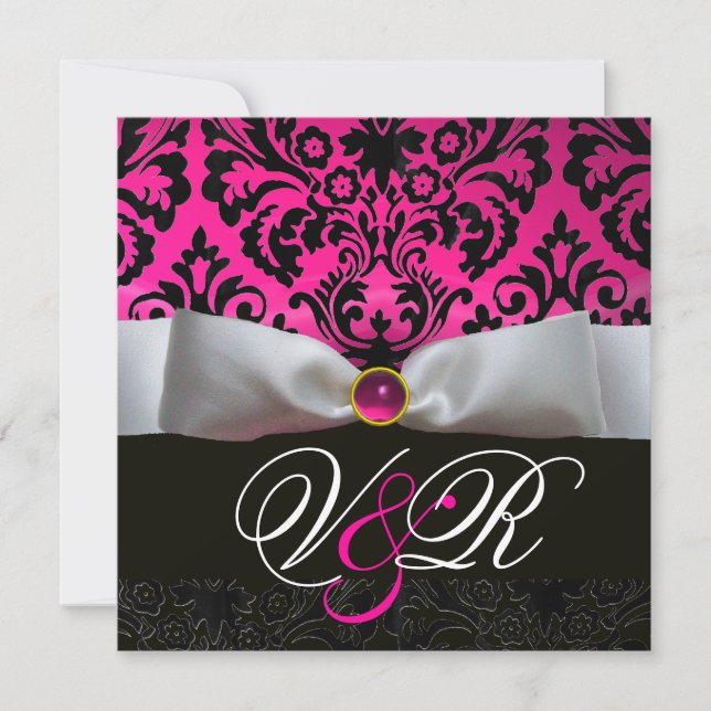 INVITATION RUBAN BLANC FUCHSIA ROSE  NOIR  DAMAS MONOGRAMME (Devant)