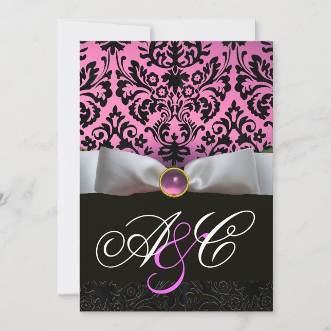 INVITATION RUBAN BLANC LILAS ROSE  NOIR  DAMAS MONOGRAMME (Devant)