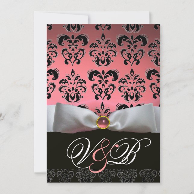 INVITATION RUBAN BLANC ROSE  DAMAS NOIR MONOGRAMME (Devant)