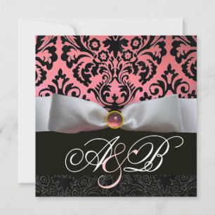 INVITATION RUBAN BLANC ROSE NOIR  DAMAS MONOGRAMME