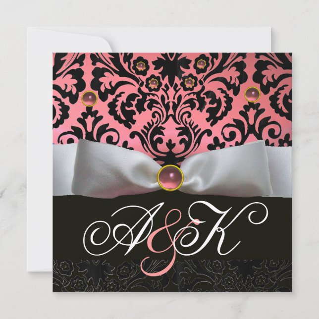 INVITATION RUBAN BLANC ROSE NOIR  DAMAS MONOGRAMME (Devant)