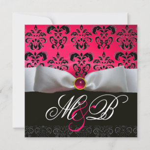 INVITATION RUBAN BLANC ROSE ROUGE RUBIS NOIR  DAMASSÉ MONOGRA
