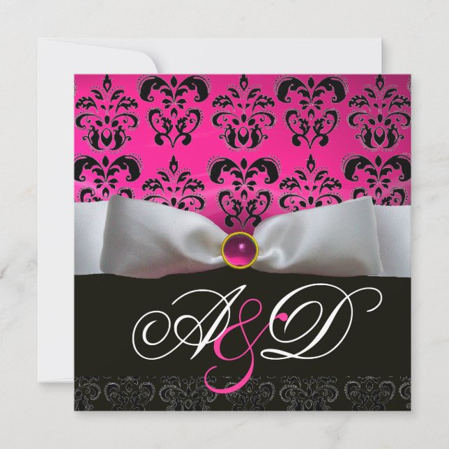 INVITATION RUBAN BLANC ROSE VIOLET NOIR  DAMASSÉ MONOGRAMME (Devant)