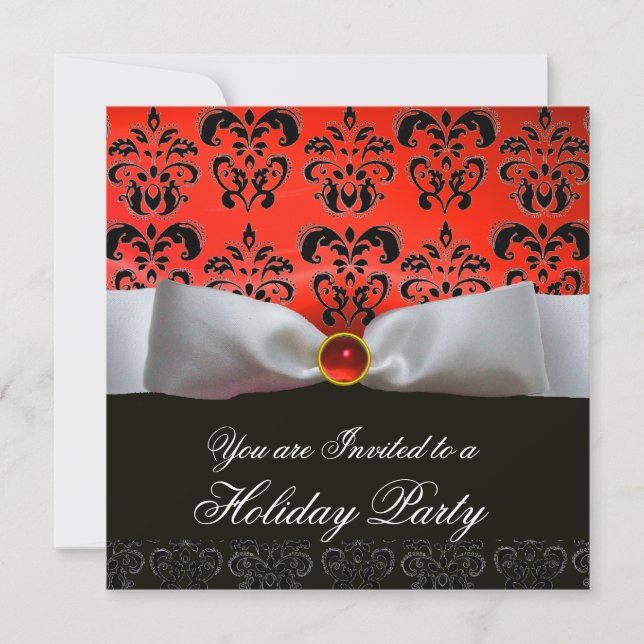 INVITATION RUBAN BLANC ROUGE NOIR FÊTE DE NOËL DAMASK (Devant)