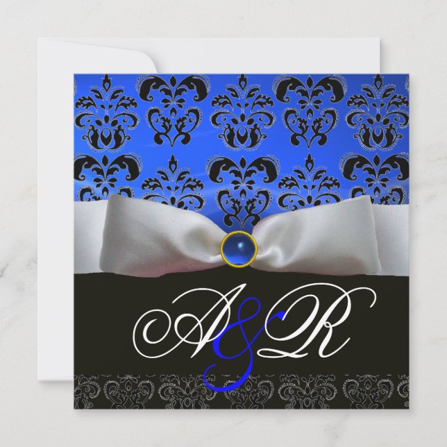 INVITATION RUBAN BLANC SAPPHIR BLEU NOIR  DAMAS MONOGRAMME (Devant)