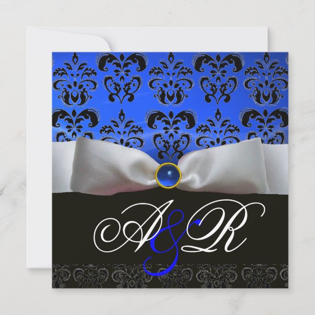 INVITATION RUBAN BLANC SAPPHIRE BLEU NOIR  DAMAS MONOGRAMME (Devant)