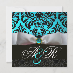 INVITATION RUBAN BLANC TEAL BLEU AQUA NOIR  DAMAS MONOGRAMME
