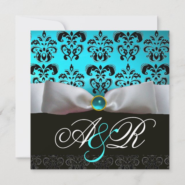 INVITATION RUBAN BLANC TURQUOISE BLEU NOIR  DAMAS MONOGRAMME (Devant)