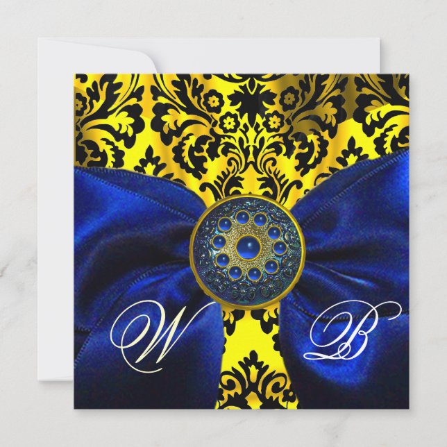 INVITATION RUBAN BLEU OR JAUNE  NOIR  DAMAS MONOGRAMME (Devant)