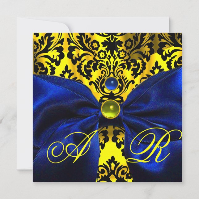 INVITATION RUBAN BLEU OR JAUNE  NOIR  DAMAS MONOGRAMME (Devant)