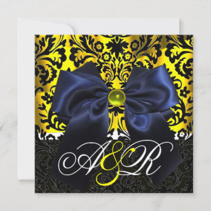 INVITATION RUBAN BLEU OR JAUNE NOIR DAMAS MONOGRAMME