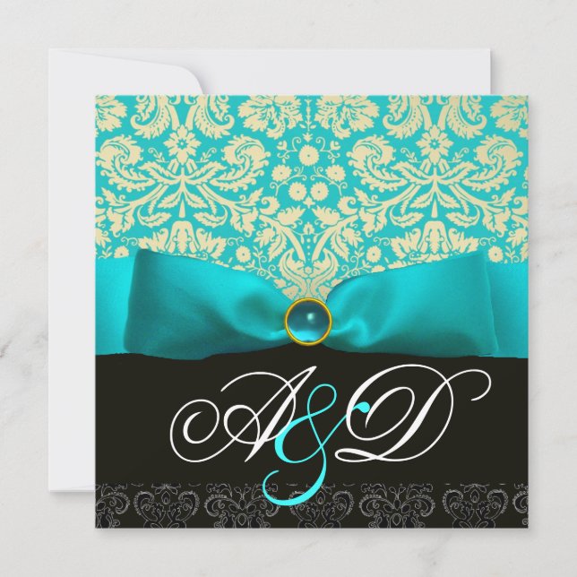 INVITATION RUBAN BLEU TURQUOISE BLANC NOIR DAMASSÉ MONOGRAMME (Devant)