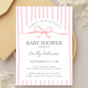 Invitation Ruban Classique à Rayures Roses Baby Shower