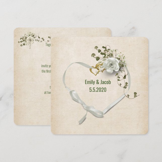 Invitation Ruban coeur mariage et anneaux avec bouquet de ros (Devant / Derrière)