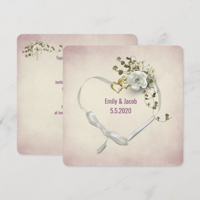Invitation Ruban coeur mariage et anneaux avec bouquet de ros (Devant / Derrière)