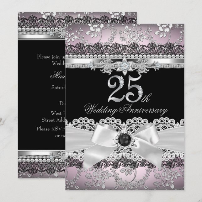 Invitation Ruban de dentelle et perle argent rose 25e anniver (Devant / Derrière)