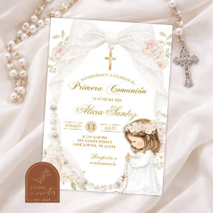 Invitation Ruban de dentelle ivoire Perle Fille agenouillée C