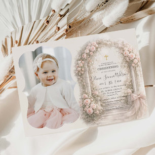 Invitation Ruban de jardin floral rose Baptême Christening Ph