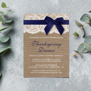 Invitation Ruban de la marine sur Burlap et dentelle Thanksgi