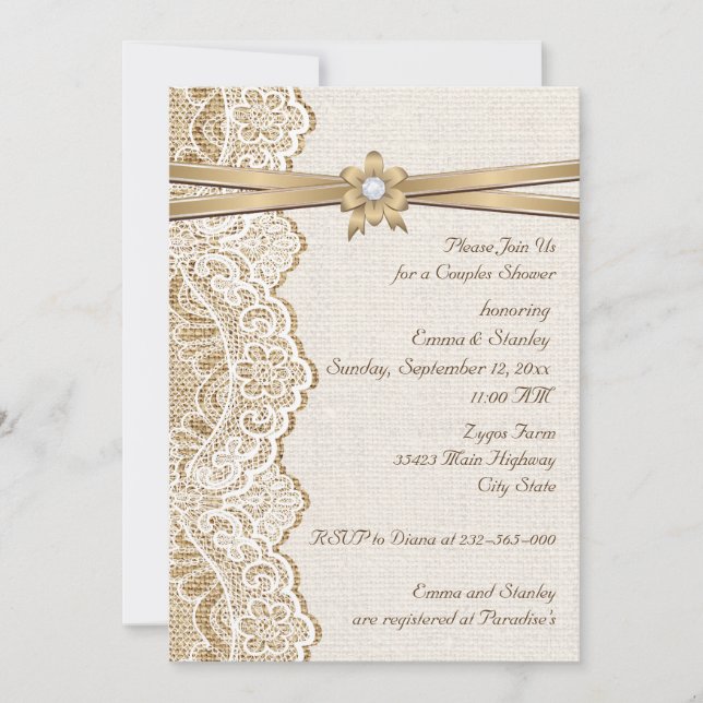 Invitation Ruban dentelle fleur & burlap mariages couples dou (Devant)