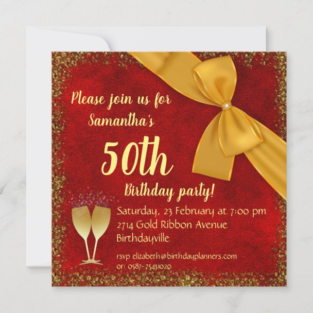 Invitation Ruban d'or et Velours rouge 50e anniversaire (Devant)