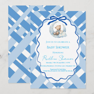 Invitation Ruban d'ours de douche bébé garçon carreaux bleus