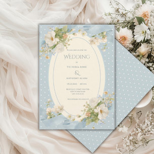 Invitation Ruban élégant floral à pois bleus mariage