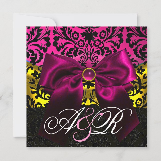 Invitation Ruban FUCHSA OR ROSE NOIR DAMAS MONOGRAMME (Devant)